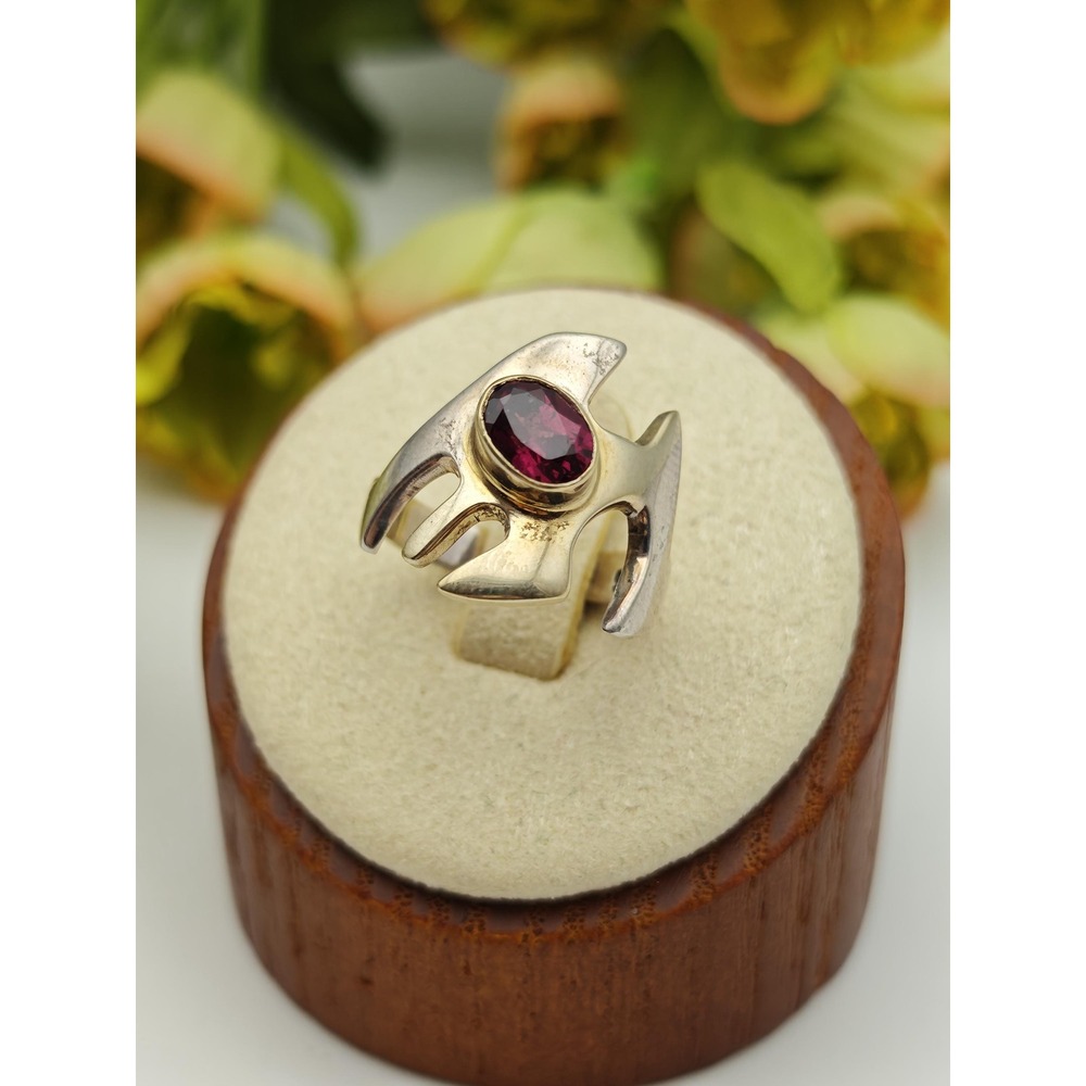 Avant Garde Artisan Statement Ring Womens 4.5 Silver Brutalist Garnet 925 Ring